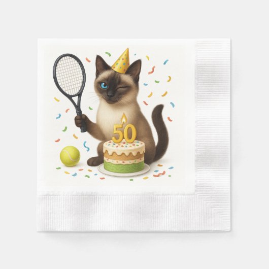 テニス50誕生日用猫好き 縁ありカクテルナプキン (正面)