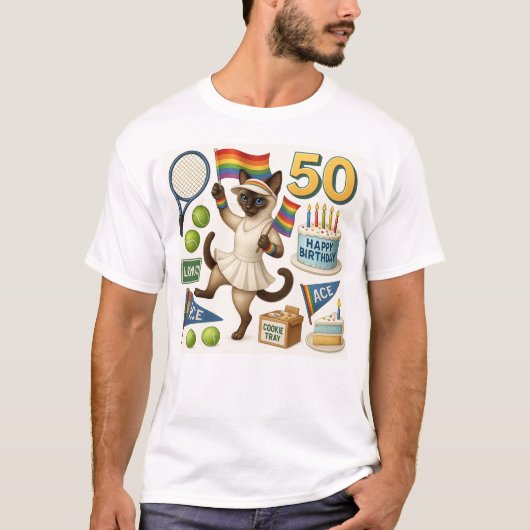 テニス50誕生日用猫好き Tシャツ (正面)