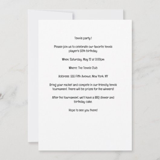 テニス50thと素晴らしい誕生日パーティー 招待状 (裏面)