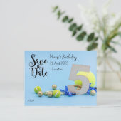 テニス5th誕生日日付の招待を保存 ポストカード (スタンド正面)