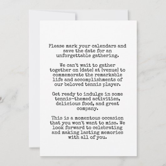 テニス60誕生日テニスボールとビールパーティー 招待状 (裏面)