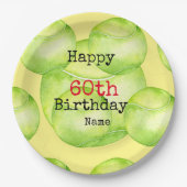 テニス60誕生日、テニスボールとナンバー ペーパープレート (正面)