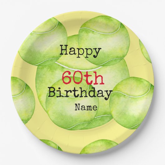 テニス60誕生日、テニスボールとナンバー ペーパープレート (正面)