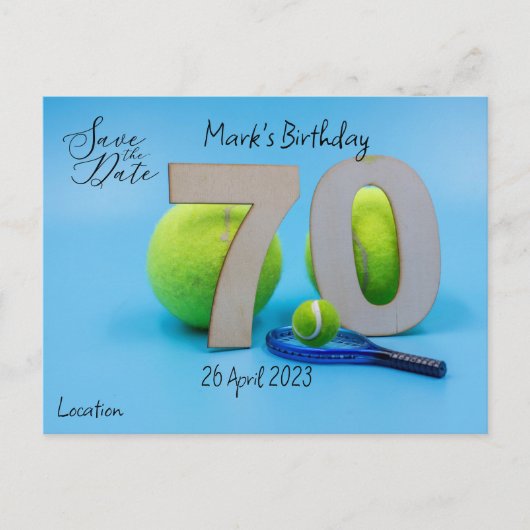 テニス70歳誕生日おめでとう！ 日程保存のお知らせ ポストカード (正面)