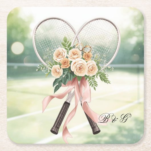 テニス+ウエディング+ラケット+フラワー+花嫁+花婿 スクエアペーパーコースター (正面)