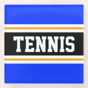 テニス スポーティ ブライトブルー ブラック レーシングストライプ ガラスコースター