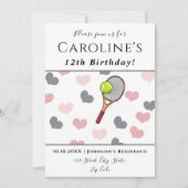 テニス ラブ ロマンチック ハーツ ピンク＆グレー キッズパーティー 招待状 (正面)