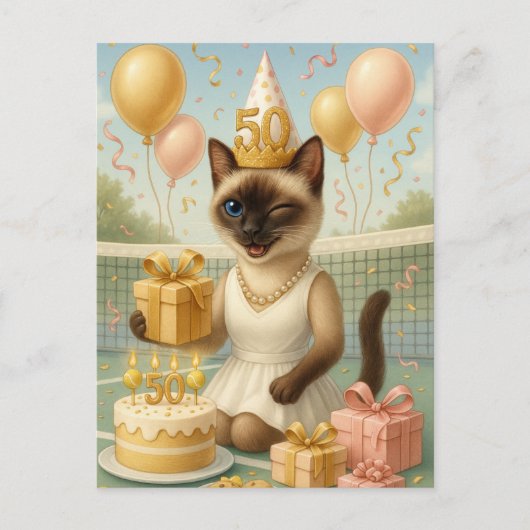 テニス 猫好きのための50歳の誕生日 ポストカード (正面)