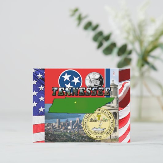 テネシーの地図、国旗、州の印章と写真 ポストカード (スタンド正面)