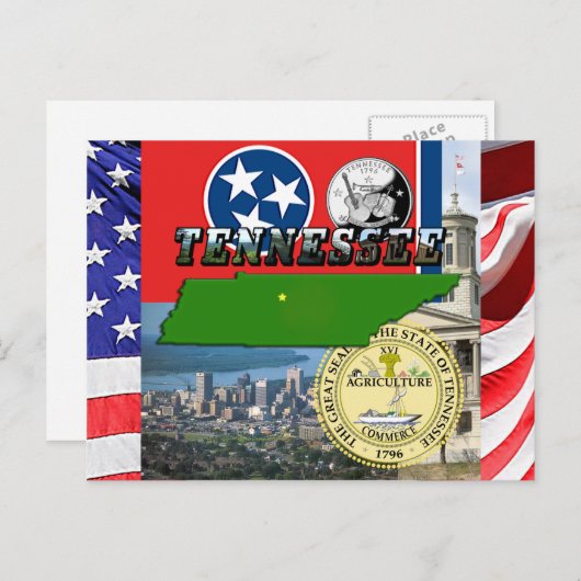 テネシーの地図、国旗、州の印章と写真 ポストカード (正面/裏面)
