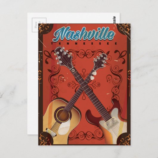 テネシー州ナッシュビルのギターヴィンテージ旅行ポスター ポストカード (正面/裏面)