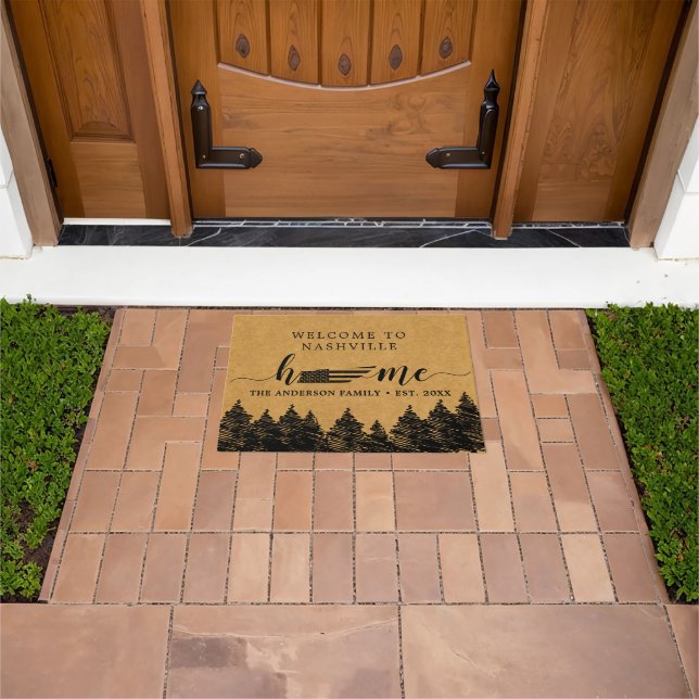 テネシー州内地図USA国旗のミニマリスト歓迎 ドアマット (室外)