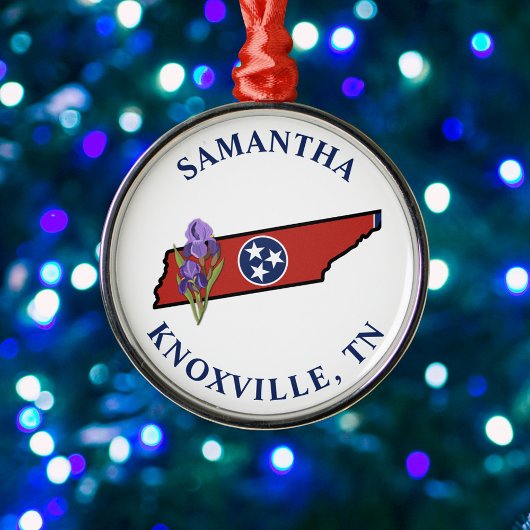 テネシー州旗&フラワーパープルアイリスカスタム文字 メタルオーナメント