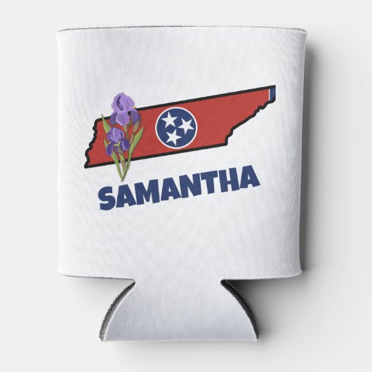 テネシー州旗&フラワーパープルアイリスカスタム文字 缶クーラー (正面)