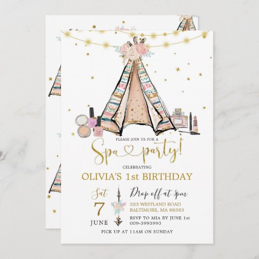 テペピンクフローラガールスパパーティの招待状 招待状 (正面/裏面)