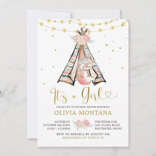 テペピンクフローラキツネベビーシャワー招待状 招待状 (正面)