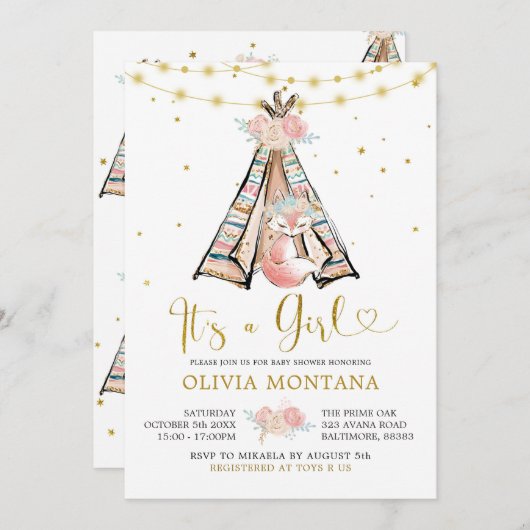 テペピンクフローラキツネベビーシャワー招待状 招待状 (正面/裏面)