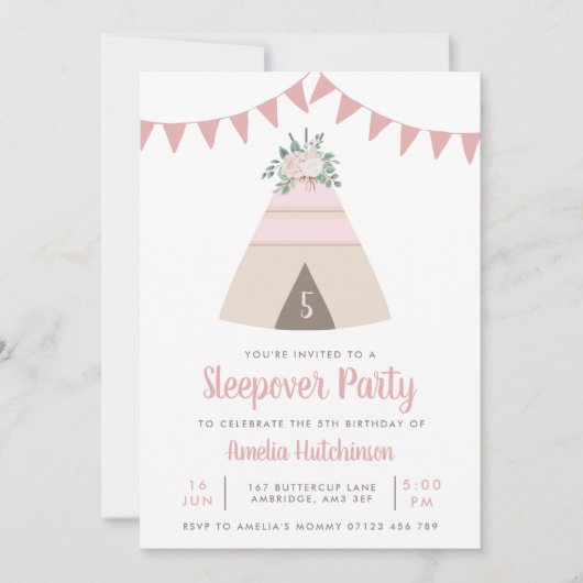 テペースランバーパーティーガールズピンクフローラ誕生日 招待状 (正面)