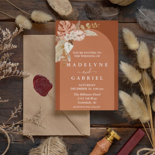 テラクッタ トロピカル ボーホー ブーケ アーチ 招待状