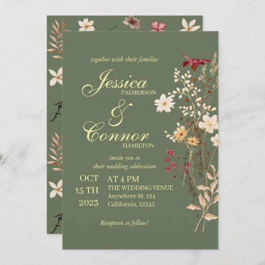 テラコタカラフルワイルドフラワー結婚ズボホ 招待状 (正面/裏面)