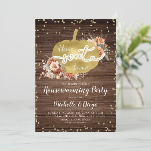 テラコタ素朴フローラカボチャ引っ越し祝いパーティーパーティー 招待状 (スタンド正面)