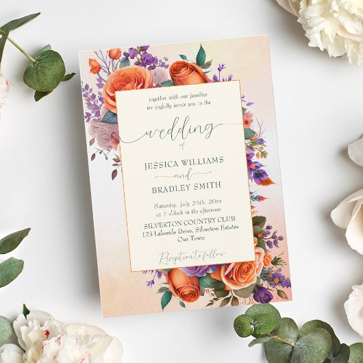 テラコッエレガントトオレンジ紫色の花テンプレート 招待状