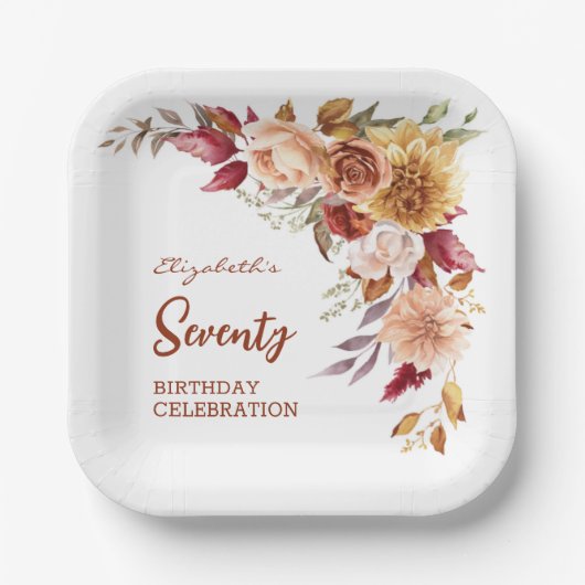 テラコッタかわいらし秋フローラグリーンリー誕生日 ペーパープレート (正面)