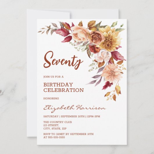 テラコッタかわいらし秋フローラグリーンリー誕生日 招待状 (正面)