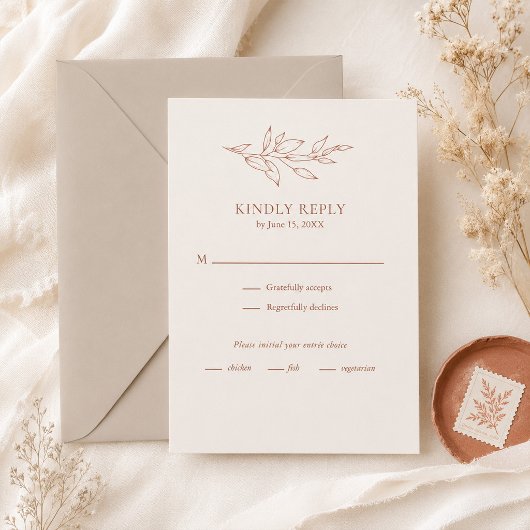 テラコッタとアイボリーのボタニカル結婚式RSVPカード 出欠カード