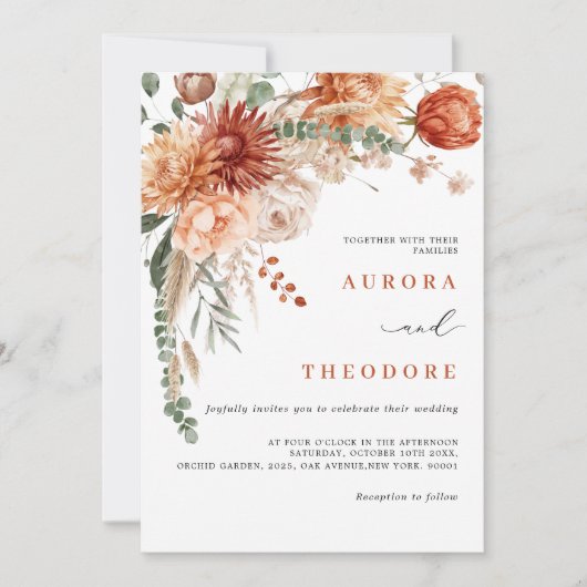テラコッタとエメラルドグリーン素朴フローラ結婚ズ 招待状 (正面)