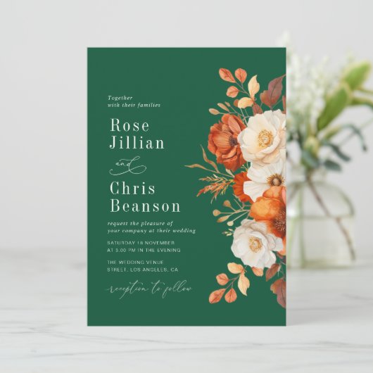 テラコッタとエメラルドグリーン結婚フローラ 招待状 (スタンド正面)