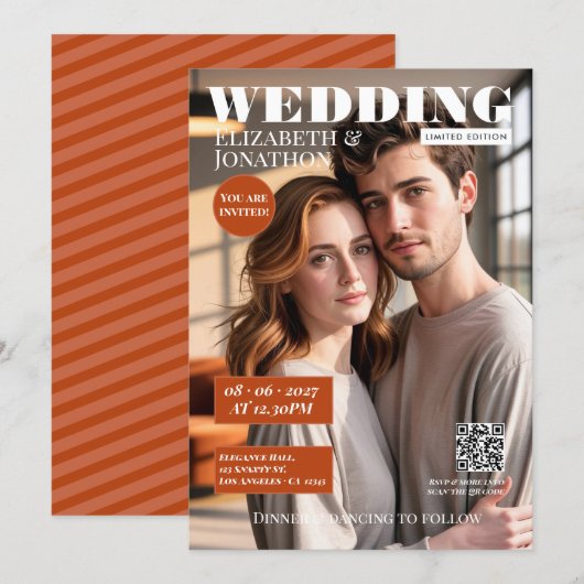 テラコッタとサビ色の雑誌の結婚式の写真 招待状 (正面/裏面)