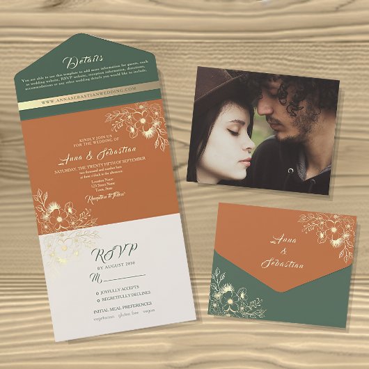 テラコッタとセージグリーンのウェディング オールインワン招待状