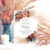 テラコッタとティール（緑がかった色）フローラエレガントボホ結婚ズ 招待状