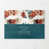 テラコッタとティール（緑がかった色）ブルーエレガントボホ結婚ズ 三つ折り招待状 (カバー)