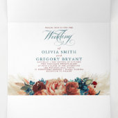 テラコッタとティール（緑がかった色）ブルーエレガントボホ結婚ズ 三つ折り招待状 (内部中)