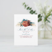 テラコッタとティール（緑がかった色）ブルーフローラ日付を保存 案内ポストカード (スタンド正面)