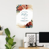 テラコッタとティール(緑がかった色)ブルーフローラ結婚ズ・ウェルカム ポスター (ホームオフィス)