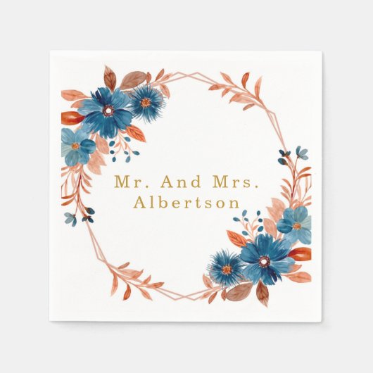 テラコッタとネイビーブルー金ゴールドフローラ スタンダードカクテルナプキン (正面)