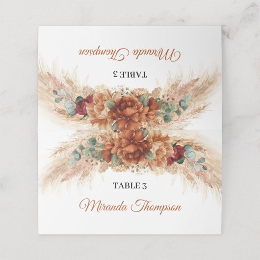 テラコッタとバーガンディの花々緑とパンパ プレイスカード (外部開封)