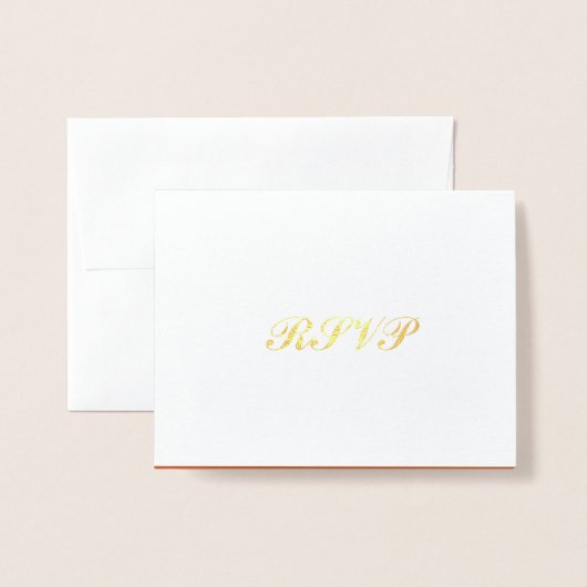 テラコッタとフォイル結婚式RSVP応答カード 箔カード (封筒付き正面)
