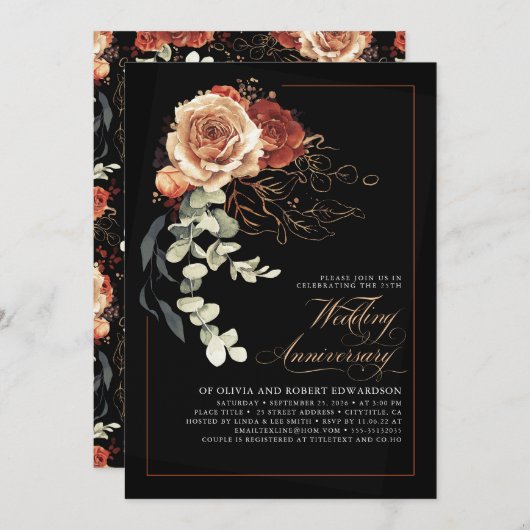 テラコッタとブラックフローラ結婚の記念日 招待状 (正面/裏面)