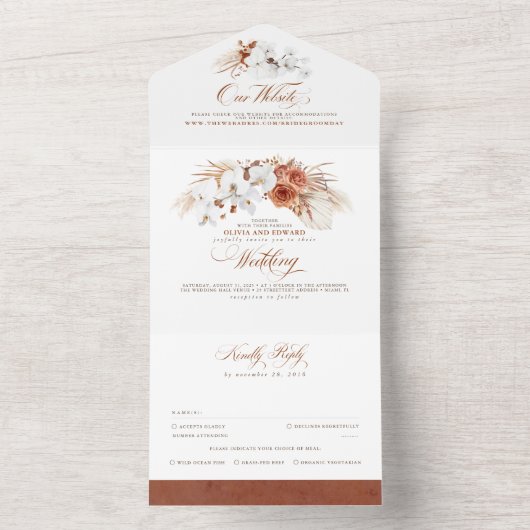 テラコッタとホワイトフラワーエキゾチック結婚ボホズ オールインワン招待状 (内側)