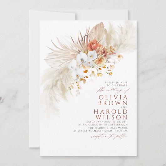 テラコッタとホワイトフラワーエキゾチック結婚ボホズ 招待状 (正面)