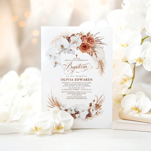 テラコッタとホワイトフラワーズボホシックバプテスマ 招待状