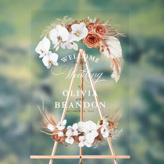 テラコッタとホワイトボホフローラ結婚の歓迎 アクリルサイン (ニュートラル)