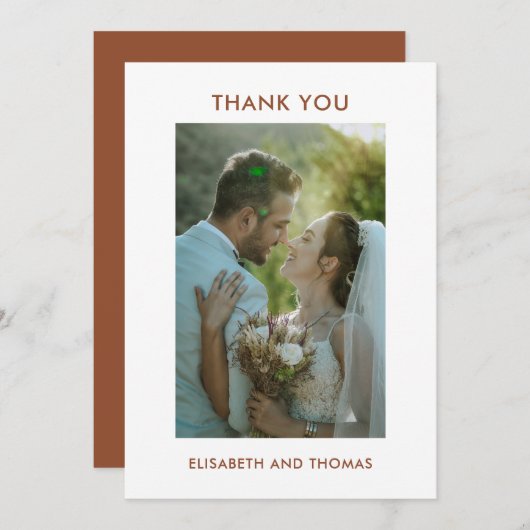 テラコッタと写真エレガントな結婚式 サンキューカード (正面/裏面)