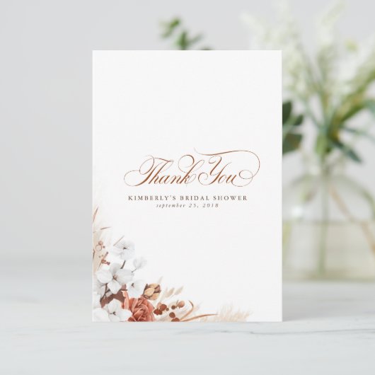 テラコッタと白い花のボヘミアンスタイルのサンキュー サンキューカード (スタンド正面)