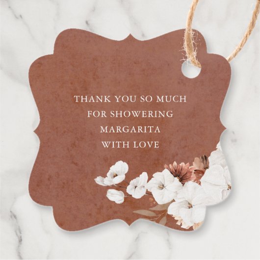 テラコッタと白い花のボヘミアンスタイルの感謝 フェイバータグ (裏面)