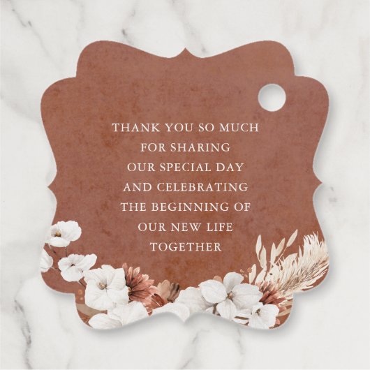 テラコッタと白い花のボヘミアンスタイルの感謝 フェイバータグ (裏面)